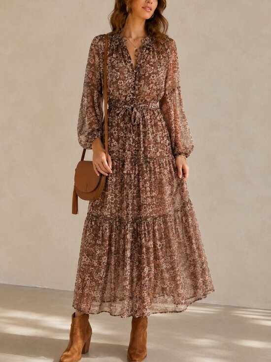 Greylin Dresses & Skirts - Greylin Floral Tiered Chiffon Midi Dress Split Neck Tie Belt Boho Size M